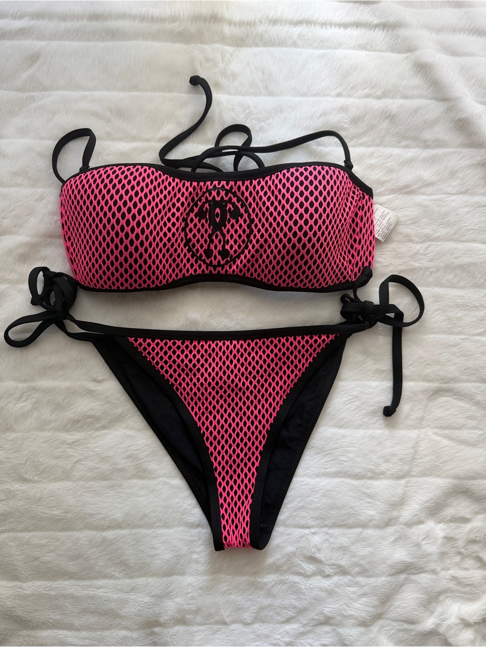 Moschino Hot Pink and Black Fishnet Bandeau Bikini Set